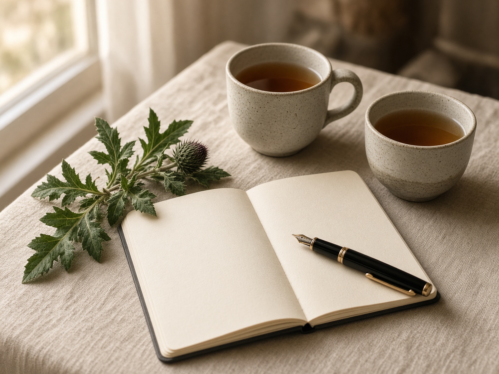 Notebook, fountain pen and tea on a linen table
