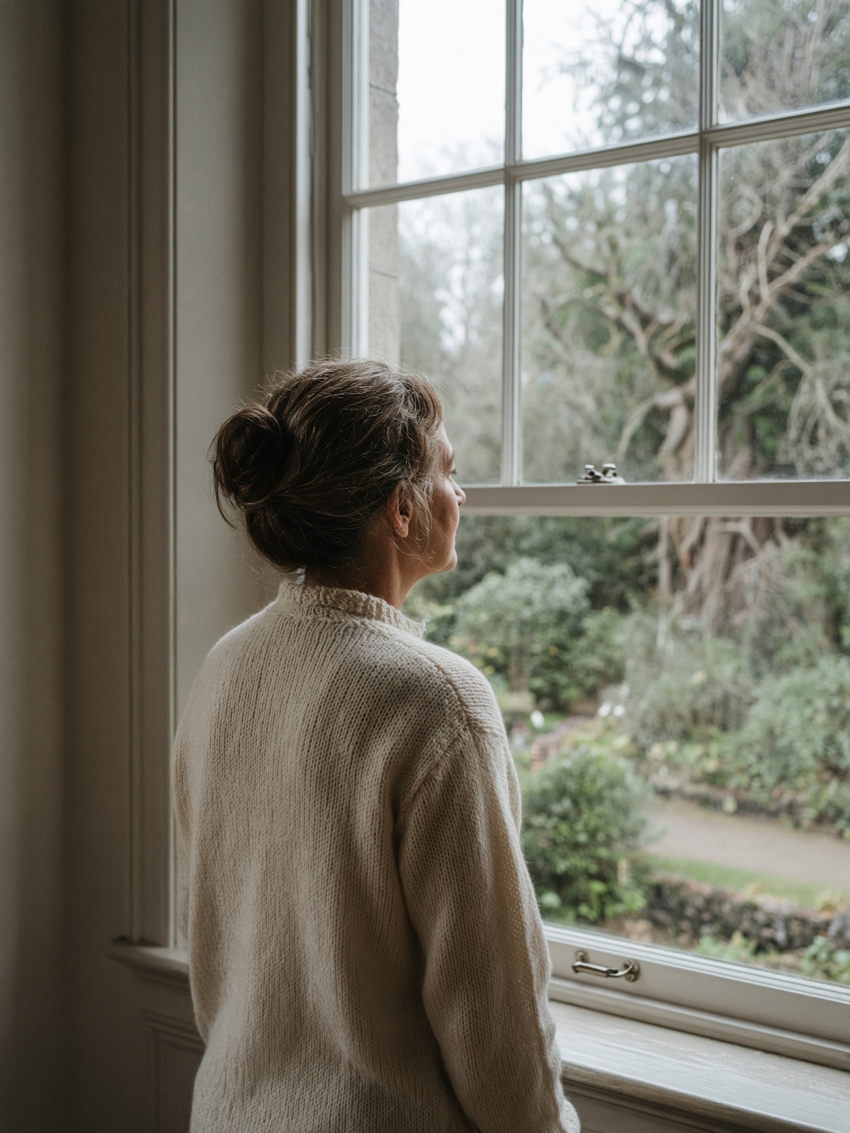 A woman looking out of a Georgian sash window over a garden